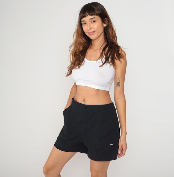 90s Hawaii Black Shorts Button Front High Waisted Elastic Back Cotton Summer Beach Surf Vintage Athletic Casual Relaxed Fit Vacation Large L