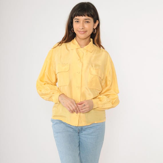 90s Silk Shirt Yellow Button Up Shirt Long Sleeve Blouse 1990s Oversized Vintage Collared Button Down Chest Pocket Small S