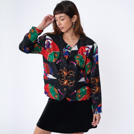 Hot Air Balloon Jacket 90s Black Button up Blazer Jacket Novelty Baroque Style Cherub Print Cocktail Statement Glam Vintage 1990s Medium M