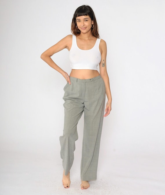 90s Plaid Dress Pants Grey Checkered Trousers Straight Leg High Rise Waist Retro Preppy Basic Check Print 1990s Vintage Medium M 10