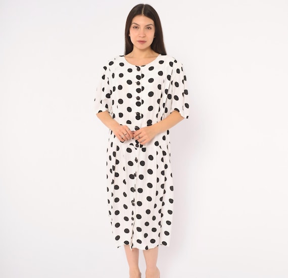 90s Polka Dot Dress White Black Button Front Short Sleeve Drop Waist Dot Day Dress Rockabilly Pin Up Summer Womens Vintage Extra Large XL