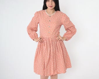 70s Floral Prairie Dress Vintage Peach Calico Mini Puff Sleeve Dress Boho Hippie High Waist Bohemian 1970s Fit and Flare Minidress Small S