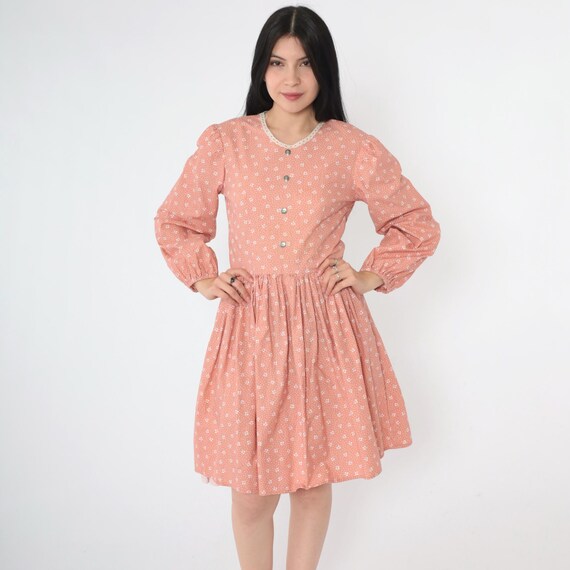 70s Floral Prairie Dress Vintage Peach Calico Mini Puff Sleeve Dress Boho Hippie High Waist Bohemian 1970s Fit and Flare Minidress Small S