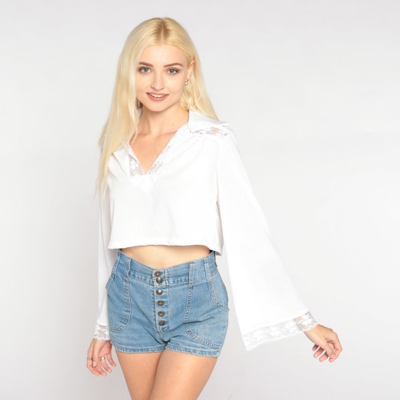 Vintage White Crop Top 70s Bell Sleeve Blouse Floral Cutout Lace Trim Bohemian Cropped Shirt V Neck Hippie Seventies Summer 1970s Small S