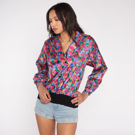 80s Geometric Blouse Print Petite Notations Hot Pink Blue Green Gold Button Front Shirt Abstract Pattern Long Sleeve Size 10 Medium M