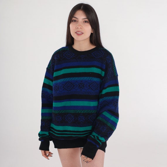 Striped Geometric Sweater 90s Meister Ski Sweater Black Purple Green Pullover Crewneck Slouch Acrylic Wool Knit 1990s Vintage Medium Large