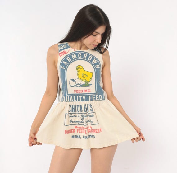 70s Chicken Feed Sack Mini Dress Tunic Top Farmgrown Cotton Cream Yellow Prairie Cottagecore Babydoll Vintage Extra Extra Small XXS Petite
