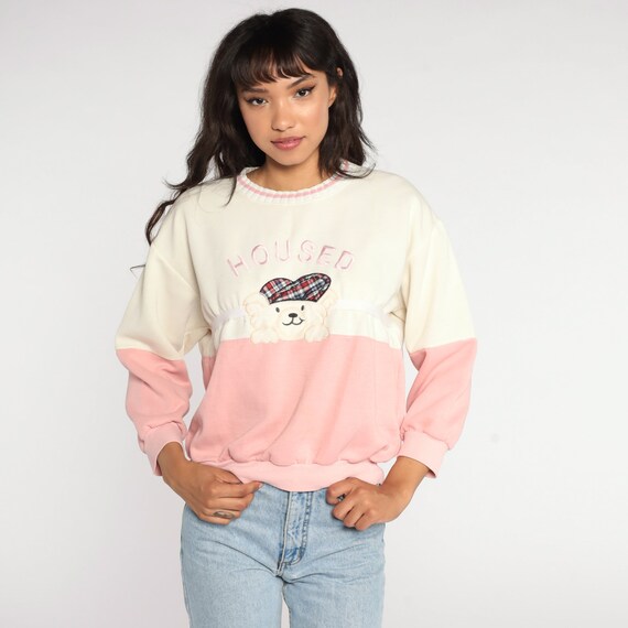 Teddy Bear Shirt HOUSED 80s Sweatshirt Pink Color Block White Graphic Kawaii Vintage 90s Slouchy Pullover Small