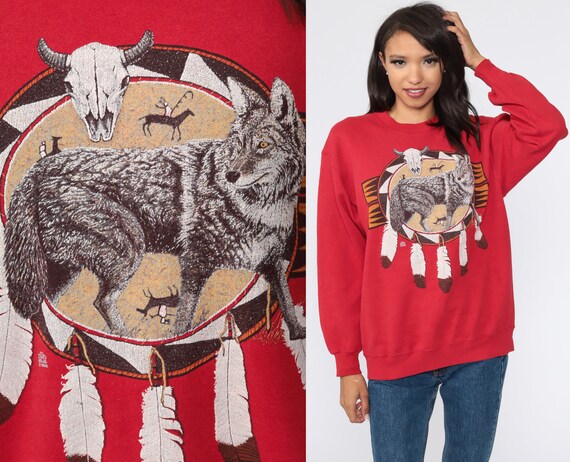 80s Wolf Sweatshirt Red Graphic Print Native Ameri
