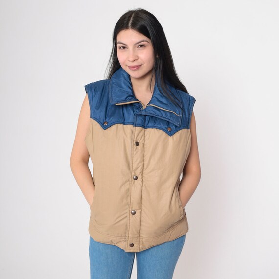 70s Western Ski Vest Tan Goose Down Winter Vest Sportswear Yoke Vest Puffer Retro Puffy Sleeveless Jacket Blue Color Block Vintage Medium