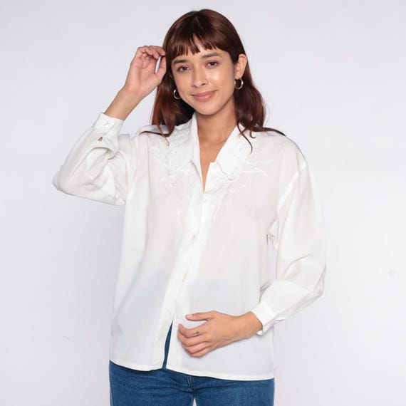 Embroidered Collar Blouse 90s White Button Front Long Sleeve Sheer Ivory Top Vintage Collared Shirt Office Career Professional Medium M