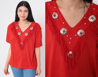 Western Fringe Shirt 90s Red Concho Studded T-Shirt Southwestern Rodeo V Neck Tshirt Retro Cowgirl Tee Single Stitch Vintage 1990s Medium M