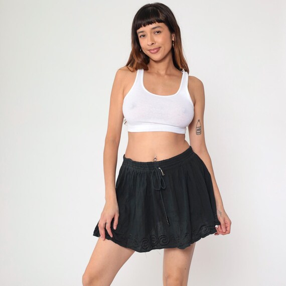 Indian Broomstick Skirt Black Embroidered Micro Mini Hippie Boho Skirt 00s Bohemian Vintage Festival Hippy Skirt Summer Medium Large