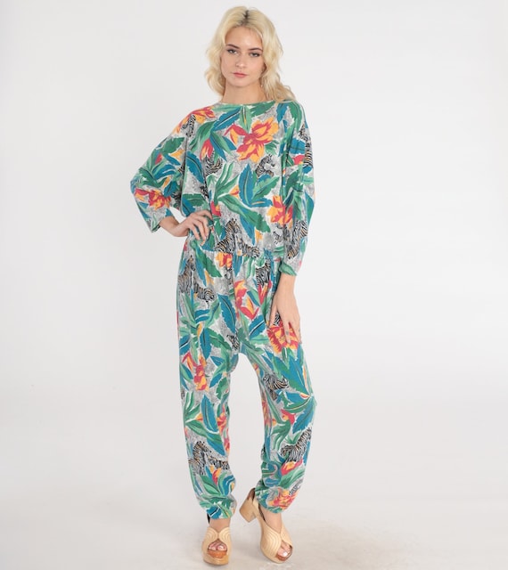 Zebra Jumpsuit 80s Animal Print Pantsuit Floral Tropical Leaf Jungle High Waisted Long Sleeve Tapered Leg Safari Vintage 1980s Medium Large