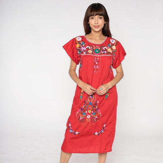 Mexican Floral Dress 90s Red Midi Dress Embroidered Flower Hippie Day Tent Bohemian Summer Casual Puebla Festival Boho Vintage 1990s Small S