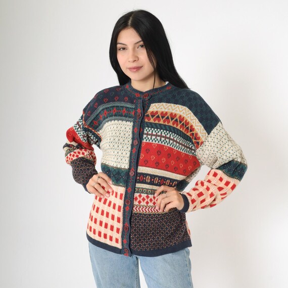Vintage Patchwork Cardigan Sweater 90s Y2K Checkered Heart Print Button Up Blue Red Argyle Plaid Grandma Sweater Boho Retro Medium