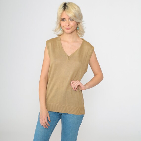 70s Tan Sweater Vest Top Knit Tank Top Sleeveless Nerd Boho V Neck Knit Plain Normcore Sleeveless 1970s Vintage Camel Medium