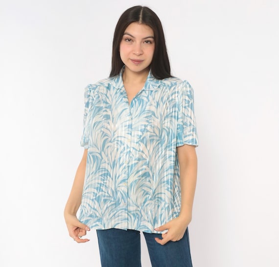 70s Palm Leaf Blouse Blue White Tropical Print Button Front Short Sleeve Scalloped Collar Sheer Stripe Gathered Yoke V Neck Shirt Top Medium