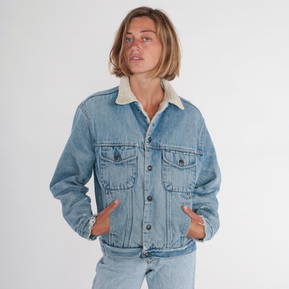 Denim Sherpa Jacket 90s Shearling Jean Jacket Snap up Retro Fleece Lined Blue Coat Aviator Streetwear Basic Vintage 1990s The Gap Small S