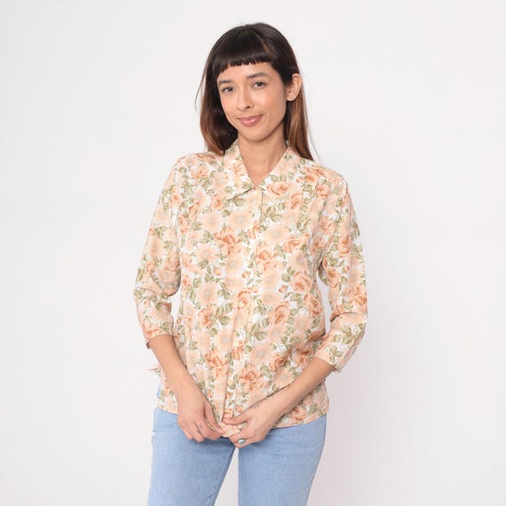 80s Floral Blouse Rose Print Button Front Collar Cottagecore Prairie Cream Peach Vintage Work Shirt Romantic Feminine Office Medium M