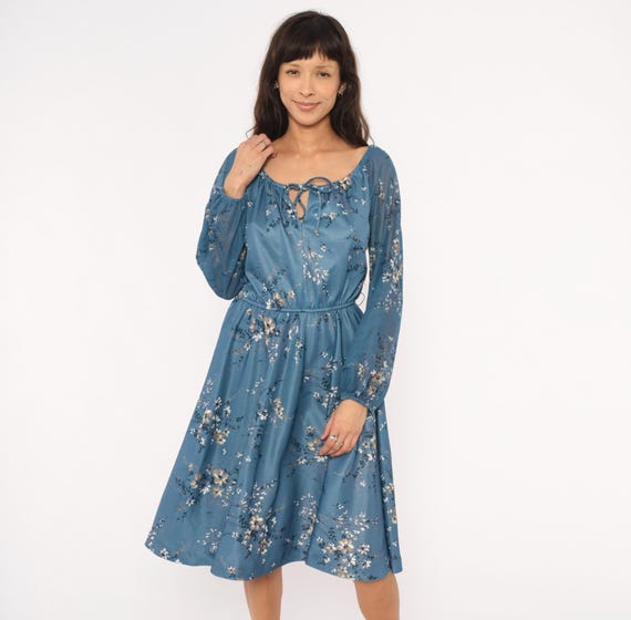 70s Floral Peasant Dress Blue Chiffon Sleeve Tie Front Scoop Neck Knee Length Prairie Cottagecore Navy Wildflower Print Vintage Large L