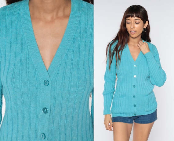 Blue Ribbed Sweater -- 70s Cardigan Button Up Plain Grandpa Slouchy Boho Vintage 1970s Retro Nerd Bohemian Plain Medium