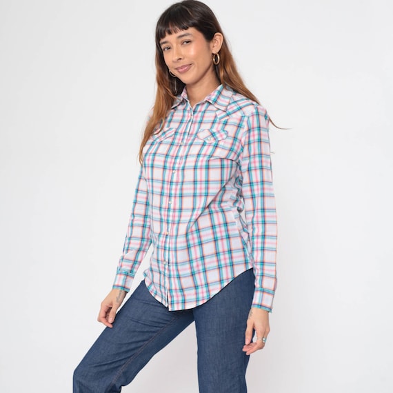 Wrangler Western Shirt 80s 90s Plaid Blouse White Blue Pink PEARL SNAP Long Sleeve Checkered Button Up Vintage 1990s Rodeo Small Petite