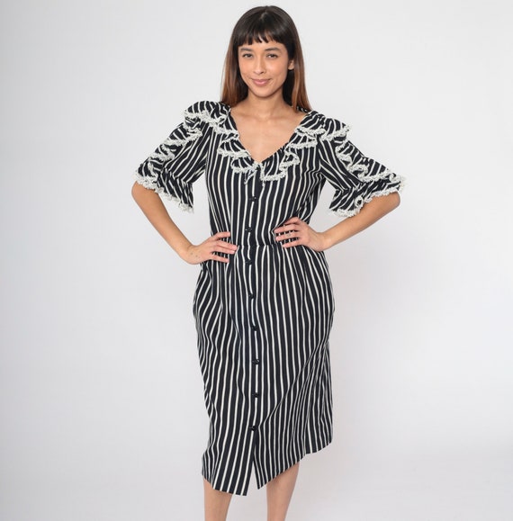 70s Black White Striped Dress Mollie Parnis Ruffle Lace Dress Button Up Dress Shirtdress Midi Short Sleeve 1970s Vintage Monochrome Small