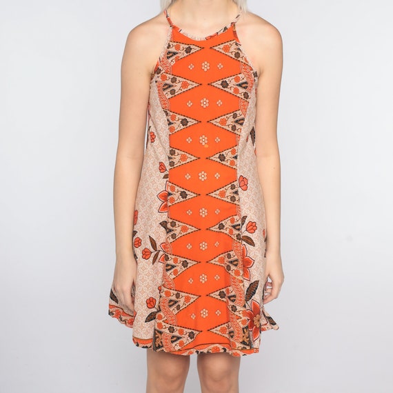 Batik Dress Orange Floral Mini 90s Sundress Grung… - image 7