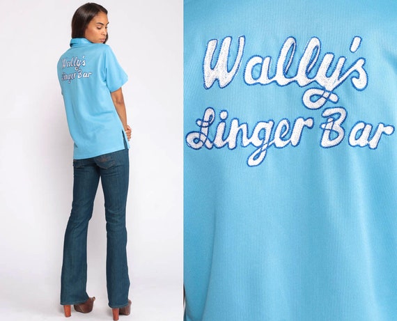 Bar Uniform Shirt WALLY'S LINGER BAR Shirt 70s Rockabilly Punk Baby Blue Button Up Vintage Medium Large