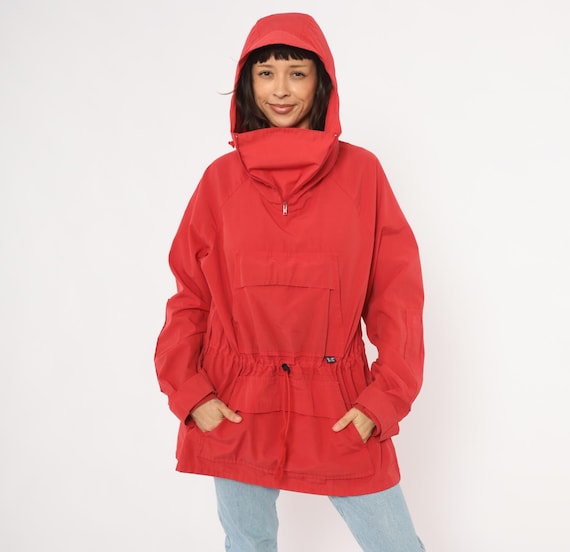 80s Red Anorak Pullover Hood Half Zip Windbreaker Kangaroo Pocket Hiking Jacket Crimson Cherry Gorpcore Outdoor Coat Vintage Extra Large XL