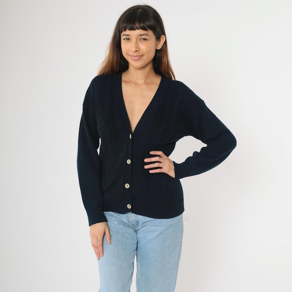 Vintage Cable Knit Cardigan 90s Navy Blue Button Up Sweater Retro Basic Deep V Neck Bohemian Cableknit Pockets 1990s Grunge Small S