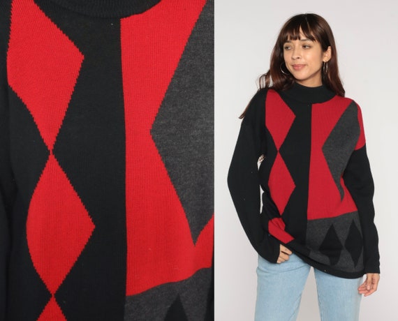 Diamond Print Sweater 90s Merino Wool Harlequin Sweater Black Red Charcoal Mock Neck Pullover Knit Jumper Retro Vintage 1990s Medium M