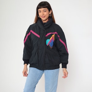 90s Ski Jacket Black Geometric Leather Trim Winter Coat Snowboard Puffy Jacket Puffer Coat Retro Puff 1990s Sportswear Pink Purple Medium