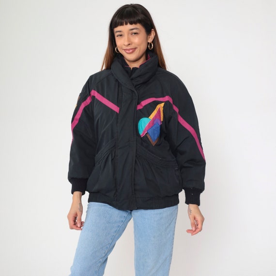 90s Ski Jacket Black Geometric Leather Trim Winter Coat Snowboard Puffy Jacket Puffer Coat Retro Puff 1990s Sportswear Pink Purple Medium
