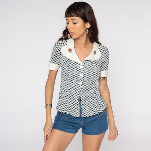 60s Strawberry Blouse 70s Mod Shirt Puff Sleeve Gingham Shirt Button Up Blouse Hippie Boho 1970s Vintage Short Sleeve Top Blue Small S