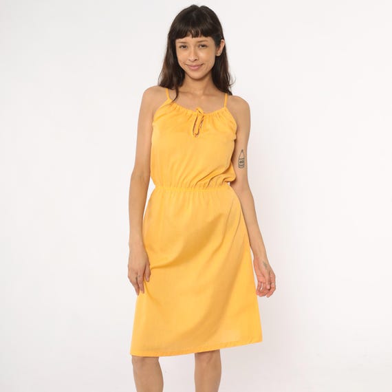 70s Yellow Sundress Spaghetti Strap Tie Neck Golden Mustard Summer Beach Vacation Vintage Cottagecore Prairie Coquette Small Medium S M