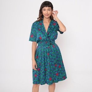 80s Pleated Dress Abstract Floral Print High Elastic Waist Dress Midi Surplice Neck Short Sleeve 1980s Vintage Green Blue Red Extra Small x