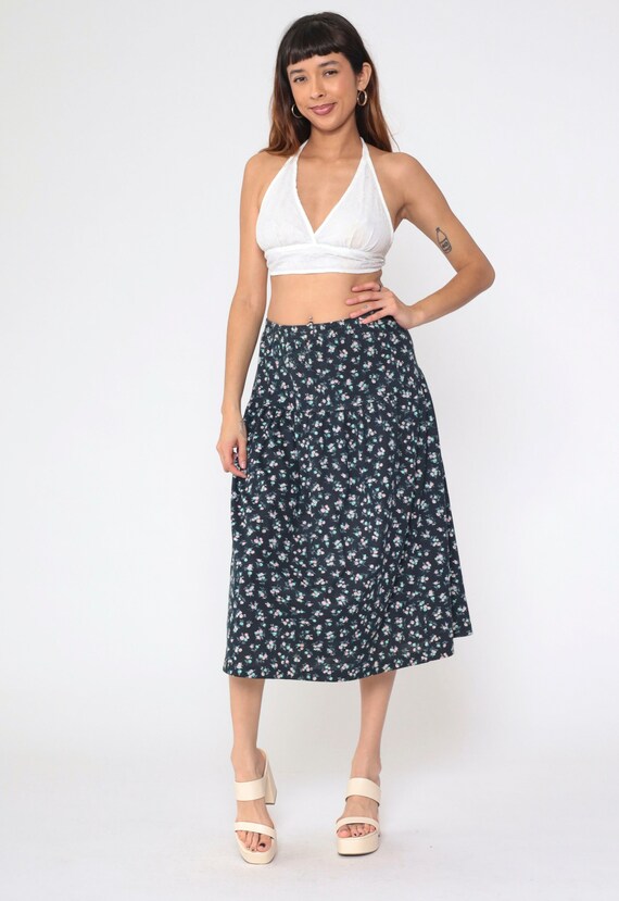 Floral Midi Skirt 90s Black Yoke Skirt Summer Skirt High Waisted Flower Calico Print Hippie Festival Vintage 1990s Pink Aqua Medium