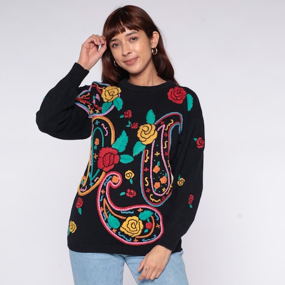 Embroidered Paisley Sweater 90s Psychedelic Black Floral Long Sleeve Pullover Vintage Colorful Rose Pattern Knit Crewneck Top Bright Small S