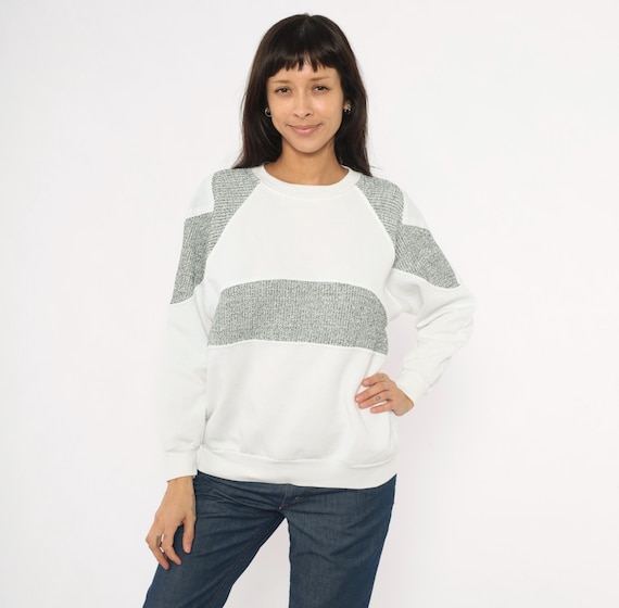 90s Color Block Sweatshirt White Grey Marled Panel Crewneck Raglan Sleeve Pullover Cotton Blend Neutral Athletic Casual Vintage Top Large L
