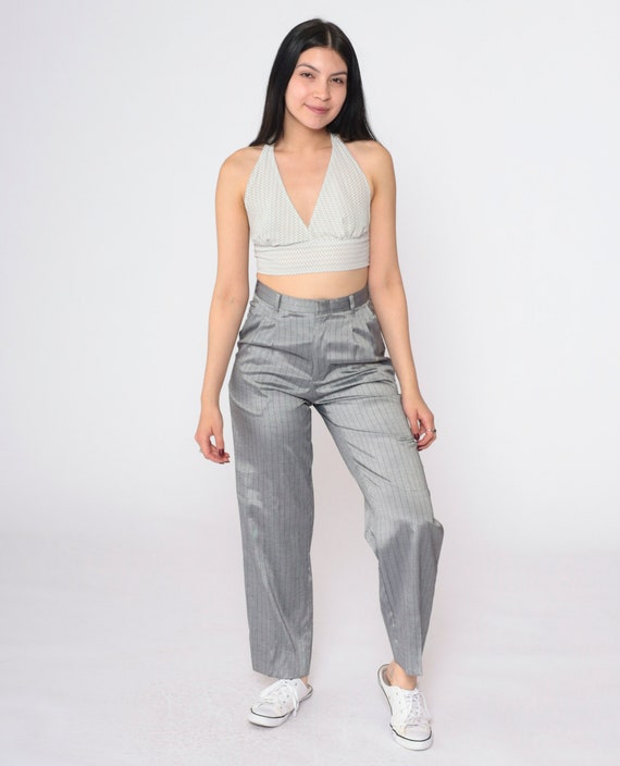 Shiny Grey Pinstripe Trousers 90s High Waisted Striped Pants