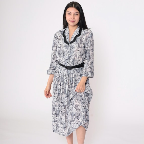 80s Floral Dress Grey Pleated Shirtdress Midi Button Up 3/4 Sleeve Vintage Boho Belted High Waist Retro Shirt Dress Bohemian Large 12