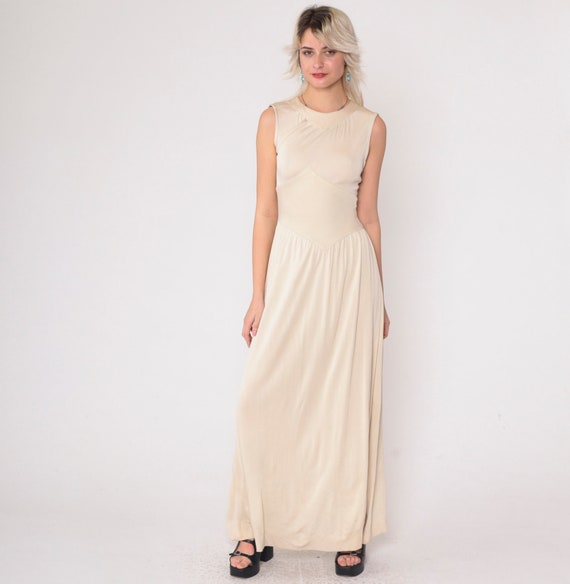 1970s Grecian Maxi Dress Beige Asymmetrical Chevron Drop Waist 70s Boho Party Dress Long Vintage Sleeveless Bohemian Small