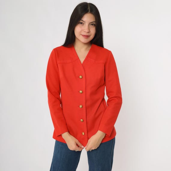 70s Red Jacket Vintage Long Sleeve Blazer Gold Button Front Tailored Fit Minimalist Statement Outerwear V Neck Structured Topper Small S