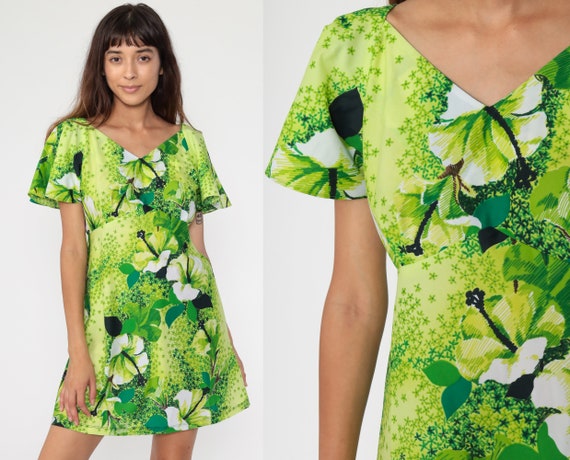 70s Babydoll Dress Green Tropical Floral Dress Haw