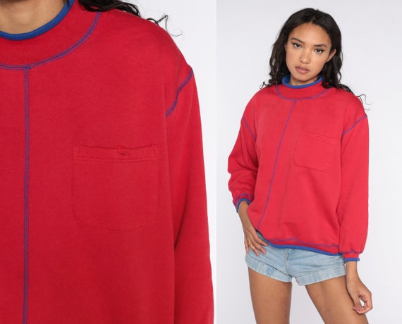 Red Sweatshirt 80s Sweatshirt Mock Neck 