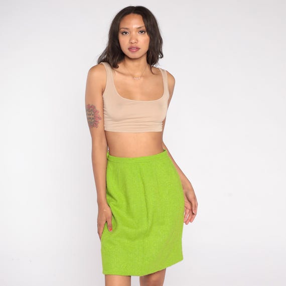 60s Lime Green Wool Blend Skirt High Waist Knee Length Sheath Style Bright Mod Minimalist Office Pencil Skirt Classic Fashion Small S