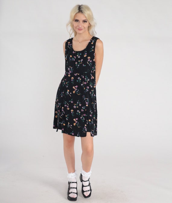 Black Floral Dress 90s Mini Dress Retro Sleeveles… - image 2