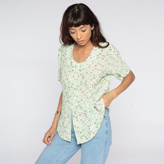 Green Floral Blouse 90s Button Up Shirt Button Short Sleeve Top Boho 1990s Vintage Bohemian Medium Large